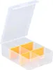 An open, clear plastic storage box with orange dividers. Voir les images du produit