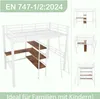 A white metal loft bed with a desk and shelves, shown with multiple views and text overlays. Anteprima dell’immagine prodotto