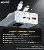 A close-up view of a white power bank with cables plugged in, featuring a diagram and text explaining its functions. Produktbild-Vorschau