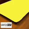 A yellow fitted sheet is shown on a bed, with a logo in the bottom left corner. Produktbild-Vorschau