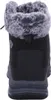 The back view of a black winter boot with a grey faux fur trim. Voir les images du produit