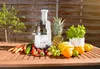 A slow juicer is displayed on a wooden table outdoors, surrounded by fresh fruits and vegetables, with a wooden fence in the background. Náhled obrázku produktu