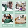 Collage of four images showing different uses of a green phone case with a stand and camera cover. Produktbild-Vorschau