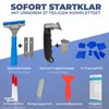 A collection of tools for removing silicone and sealing joints, laid out on a blue and white background with text labels. Produktbild-Vorschau