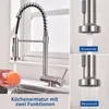 A collage showing a kitchen faucet with different spray modes and a hand washing an orange. Podgląd zdjęcia produktu