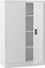 A white metal cabinet with two doors, one of which is open, revealing three shelves inside. A black handle is visible on the open door. Produktbild-Vorschau