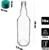 A clear glass bottle with a green screw-on cap, shown with dimensions and capacity. Náhled obrázku produktu