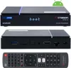 A black media streaming box and its remote control are displayed against a white background. Produktbild-Vorschau