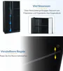 Collage of images showing a black glass display cabinet with text highlighting its features. Produktbild-Vorschau