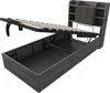 A bed frame with the storage compartment open, showing the lifting mechanism and the empty storage space. Produktbild-Vorschau