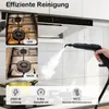 A steam cleaner is shown being used to clean a dirty stovetop, contrasting a 'before' and 'after' image, with product specifications displayed. Produktbild-Vorschau