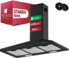 A black kitchen range hood is shown with marketing labels and accessories. Produktbild-Vorschau