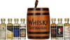 A collection of miniature whisky bottles arranged around a wooden barrel-shaped container, presented on a white background. Produktbild-Vorschau