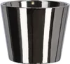 A close-up studio shot of a small, glazed ceramic pot with a metallic silver and black striped pattern. Anteprima dell’immagine prodotto