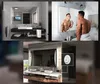 A collage of bathroom scenes featuring illuminated mirrors and a close-up of a light switch. Produktbild-Vorschau