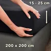 Hands are shown adjusting a black fitted sheet on a mattress. Produktbild-Vorschau