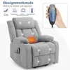 A grey electric recliner chair with various features highlighted by icons and text. Podgląd zdjęcia produktu
