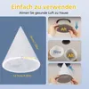 A collage showing a conical filter, its dimensions, and instructions on how to replace an old filter with a new one. Produktbild-Vorschau
