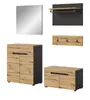 A set of furniture for an entryway or hallway, including a mirror, a cabinet, a bench, and a coat rack. Produktbild-Vorschau