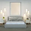A bedroom scene with a bed, nightstands, and hanging lights. Produktbild-Vorschau