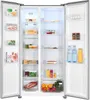 An open side-by-side refrigerator filled with various food items. Produktbild-Vorschau
