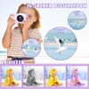 A young girl holding a purple digital camera, with inset images showing zoom levels and filter effects on babies. Produktbild-Vorschau