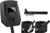 A collection of welding equipment, including a helmet, brush, and cables with clamps, laid out on a white background. Produktbild-Vorschau