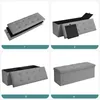 A four-part collage showing the assembly and final product of a storage bench. Náhled obrázku produktu