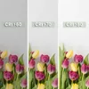 Three vertical panels showing tulips under different CRI (Color Rendering Index) lighting conditions. Podgląd zdjęcia produktu