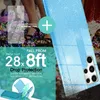 A close-up of a blue glitter phone case with text overlays highlighting its features. Produktbild-Vorschau