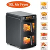 A dual-chamber air fryer with cooking suggestions and times displayed on the right side. Produktbild-Vorschau