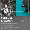 A split image showing a close-up of a heater's internal components on the left and the wheels and side of a black heater on a teal background on the right, with text describing features. Produktbild-Vorschau