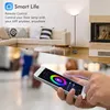 A collage showing a living room with a floor lamp and a smartphone displaying a color control app. Produktbild-Vorschau