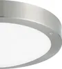 A close-up, angled view of a modern, circular ceiling light fixture with a brushed metal rim and a white diffuser. Podgląd zdjęcia produktu