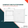 An open mini refrigerator with dimensions indicated by text overlays. Produktbild-Vorschau