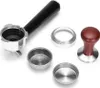 A set of espresso machine accessories, including a portafilter, two filter baskets, a dosing ring, and a tamper, arranged on a white background. Náhled obrázku produktu