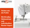 A sewing machine is shown next to a graphic with text promoting its features. Produktbild-Vorschau