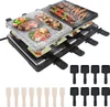 A multi-level electric raclette grill with a natural stone cooking surface, cooking skewers, and small pans underneath. Produktbild-Vorschau
