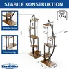 A diagram showing the dimensions and features of a plant stand, with close-up views of its base and construction. Produktbild-Vorschau