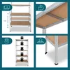 Collage of images showing a metal shelving unit with wooden shelves, highlighting features like dimensions, strength, and load capacity. Anteprima dell’immagine prodotto