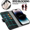 A black flip case for an iPhone is shown open, displaying card slots and an iPhone. Text overlays highlight features. Produktbild-Vorschau
