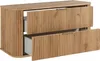 A wooden bathroom cabinet with two drawers, one partially open. Voir les images du produit