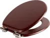 A wooden toilet seat with metal hinges, shown from a slightly elevated angle against a white background. Produktbild-Vorschau