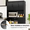 A black kitchen cabinet unit with a microwave on a shelf and various jars and a cup on display. A close-up inset shows a metal latch. Náhľad obrázku produktu