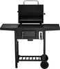 A black charcoal grill with its lid open, shown from the front on a white background. Produktbild-Vorschau