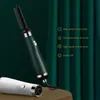 A dark green hair dryer brush and a white hair dryer are displayed against a dark green curtain background. Text describing different modes is shown on the right. Produktbild-Vorschau