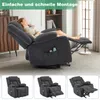 A woman relaxing in a dark gray recliner chair with a footrest extended. The chair has massage and heating functions, a cup holder, and a side pocket. The image is a collage with a main lifestyle shot and three smaller product shots below, showing differen Produktbild-Vorschau
