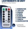 A remote control for a light string is shown next to a list of its 8 lighting modes and a timer function icon. Produktbild-Vorschau