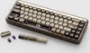 A mechanical keyboard with a wooden case and unique keycaps is displayed on a white background. Produktbild-Vorschau