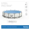A Bestway Steel Pro Max pool with a solar cover, shown with dimensions and feature icons. Produktbild-Vorschau